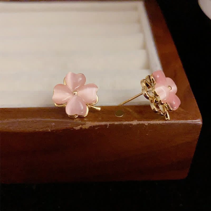 Buddha Stones Boucles d'oreilles à clous œil-de-chat rose à quatre feuilles, design rotatif - image 2