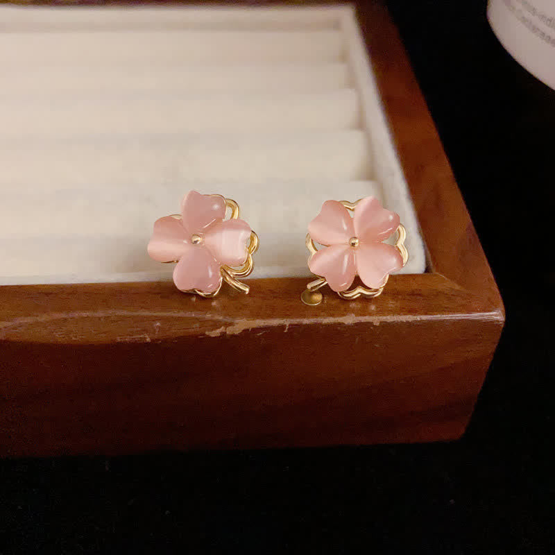 Buddha Stones Boucles d'oreilles à clous œil-de-chat rose à quatre feuilles, design rotatif - Boucles d'oreilles œil de chat rose (tiges en argent sterling 925) - image 0