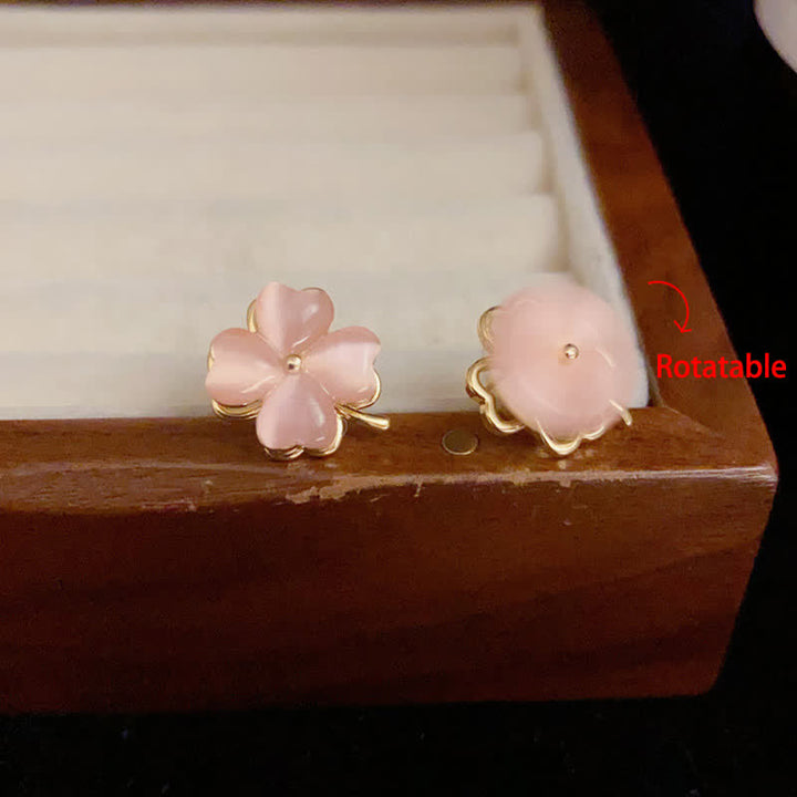 Buddha Stones Boucles d'oreilles à clous œil-de-chat rose à quatre feuilles, design rotatif - image 3