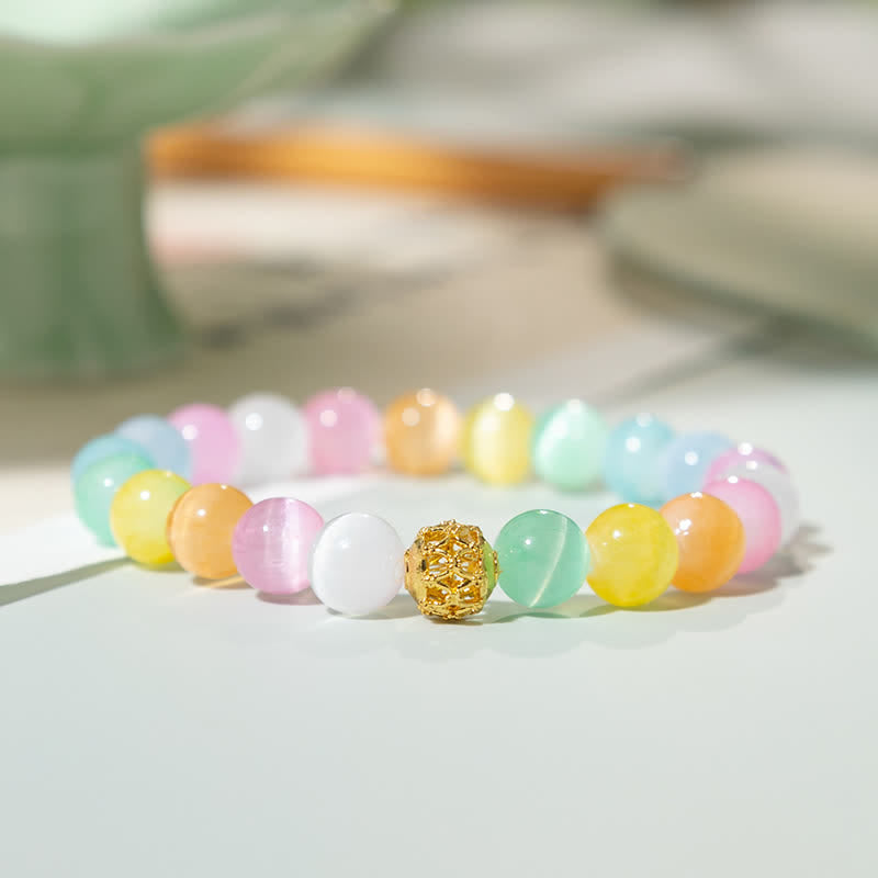 Buddha Stones Bracelet positif à perles rondes œil-de-chat multicolores ajourées - Bracelet œil-de-chat coloré (tour de poignet 15–16 cm) - image 0