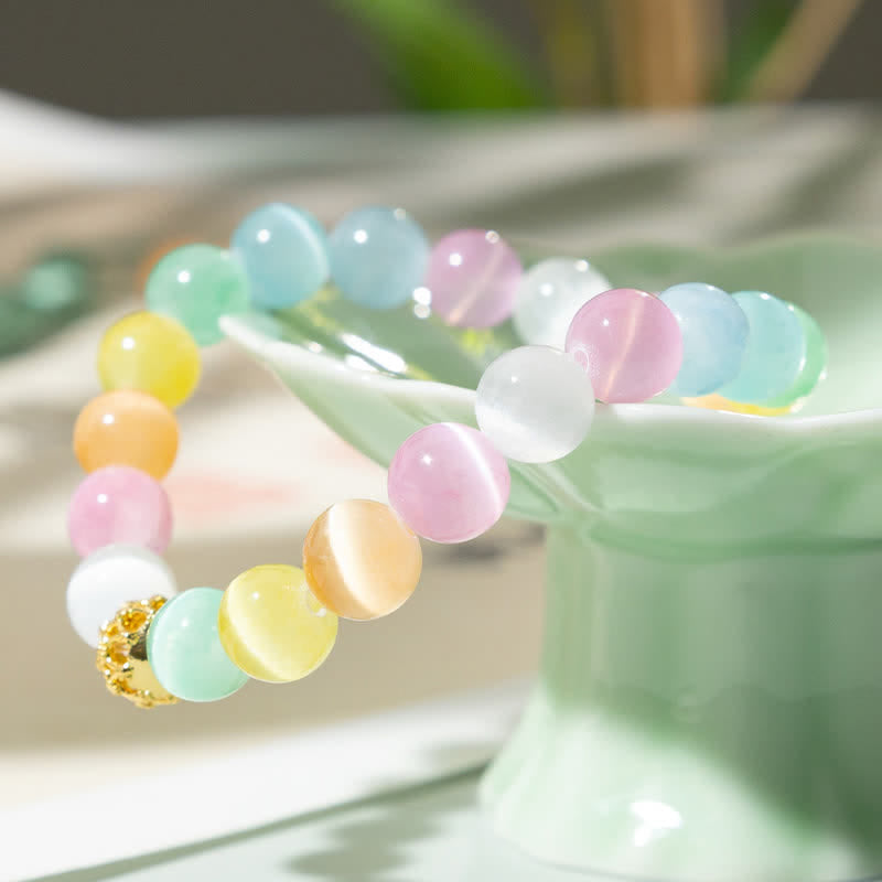 Buddha Stones Bracelet positif à perles rondes œil-de-chat multicolores ajourées - image 1