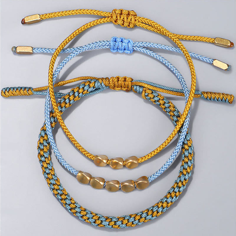 Buddha Stones Bracelet de guérison composé de 3 perles bleues, jaunes et dorées en cuivre, avec cordon et cordon. - image 1