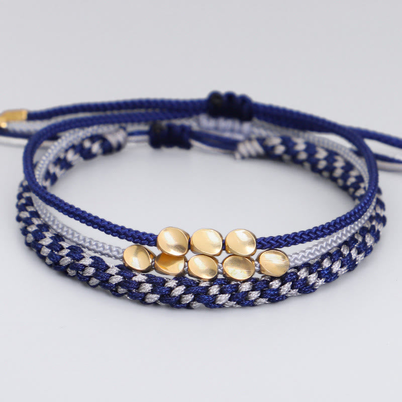 Buddha Stones Bracelet de soin personnel composé de 3 perles bleues, grises et dorées en cuivre, fil filé bleu-gris - Cordon (Tour de poignet : 16-26 cm) - image 0