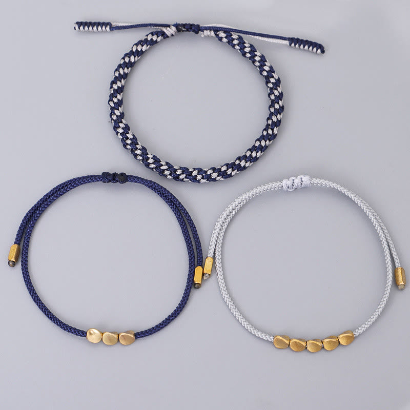 Buddha Stones Bracelet de soin personnel composé de 3 perles bleues, grises et dorées en cuivre, fil filé bleu-gris - image 9
