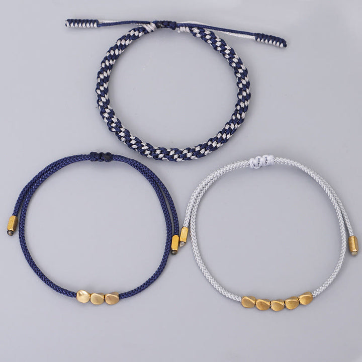 Buddha Stones Bracelet de soin personnel composé de 3 perles bleues, grises et dorées en cuivre, fil filé bleu-gris - image 9