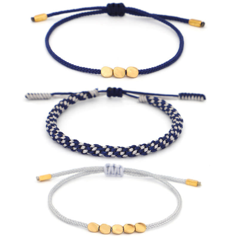 Buddha Stones Bracelet de soin personnel composé de 3 perles bleues, grises et dorées en cuivre, fil filé bleu-gris - image 10