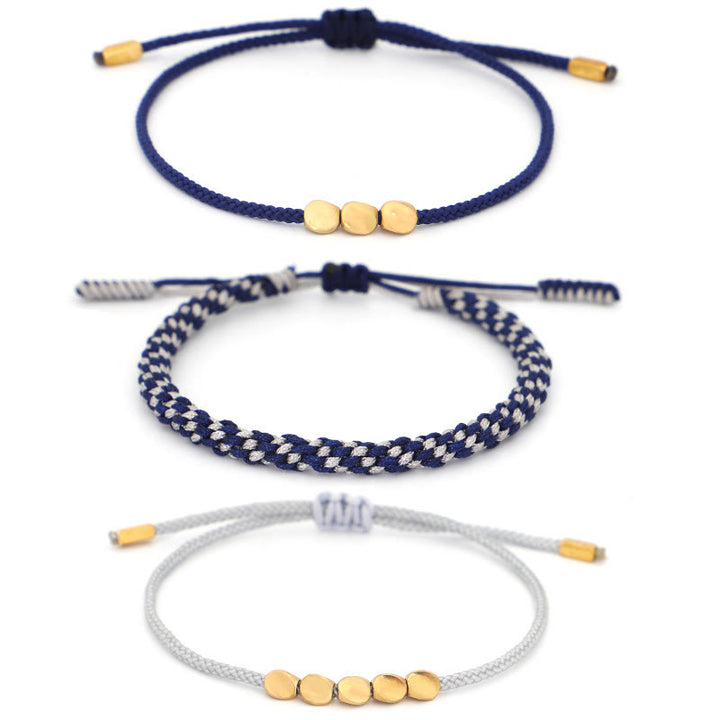 Buddha Stones Bracelet de soin personnel composé de 3 perles bleues, grises et dorées en cuivre, fil filé bleu-gris - image 10