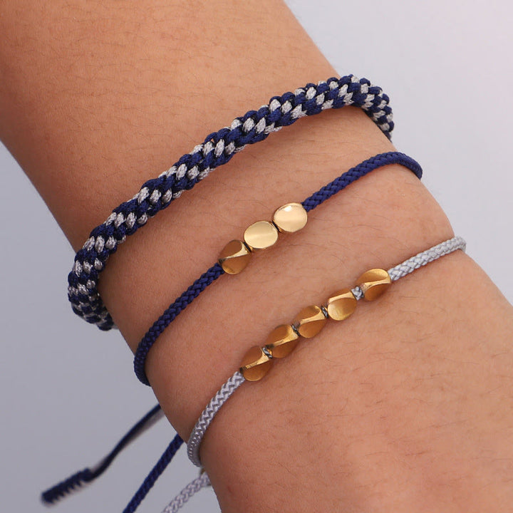 Buddha Stones Bracelet de soin personnel composé de 3 perles bleues, grises et dorées en cuivre, fil filé bleu-gris - image 8