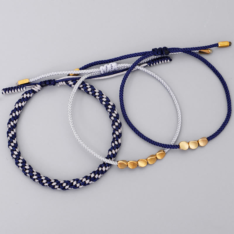Buddha Stones Bracelet de soin personnel composé de 3 perles bleues, grises et dorées en cuivre, fil filé bleu-gris - image 1