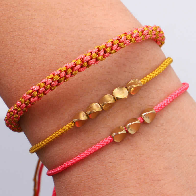 Buddha Stones Bracelet de richesse composé de 3 perles roses, jaunes et dorées en cuivre. - Cordon (Tour de poignet : 16-26 cm) - image 0