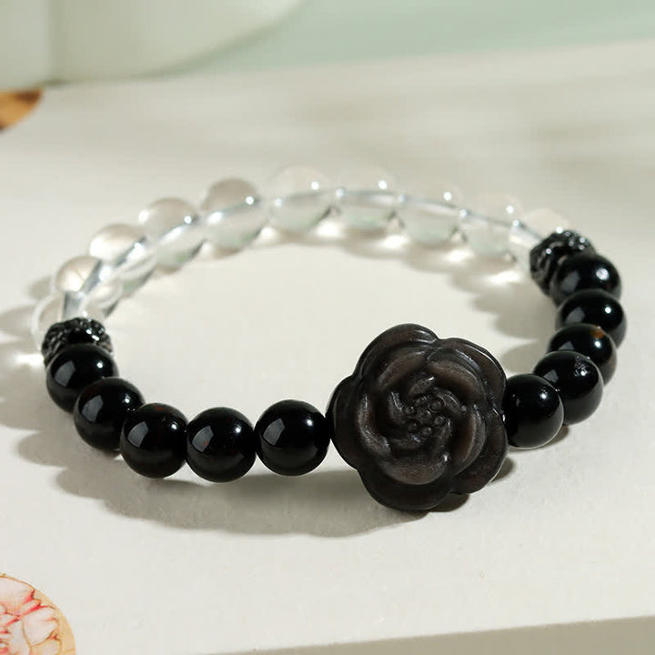 Buddha Stones Bracelet de concentration en tourmaline noire et quartz clair, orné d'une rose sculptée (motif floral), - image 3