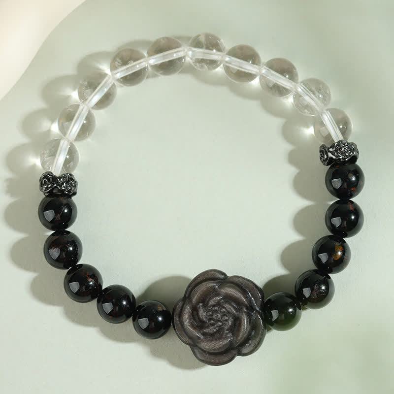 Buddha Stones Bracelet de concentration en tourmaline noire et quartz clair, orné d'une rose sculptée (motif floral), - image 1