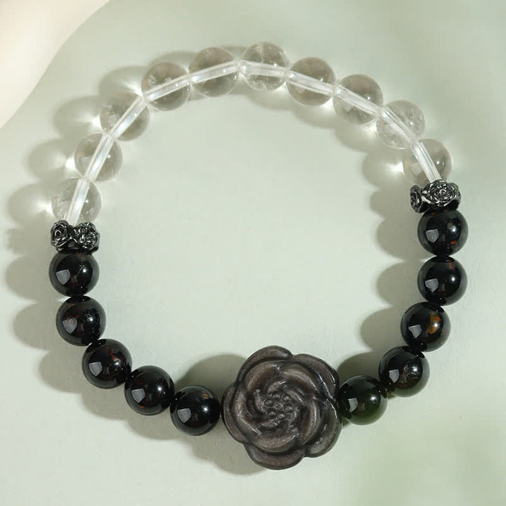 Buddha Stones Bracelet de concentration en tourmaline noire et quartz clair, orné d'une rose sculptée (motif floral), - image 1
