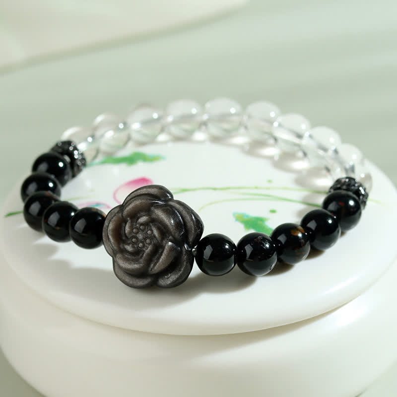 Buddha Stones Bracelet de concentration en tourmaline noire et quartz clair, orné d'une rose sculptée (motif floral), - image 4