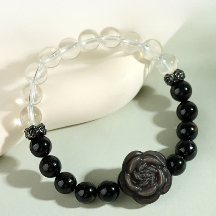 Buddha Stones Bracelet de concentration en tourmaline noire et quartz clair, orné d'une rose sculptée (motif floral), - Tourmaline noire (tour de poignet 15–16 cm) - image 0