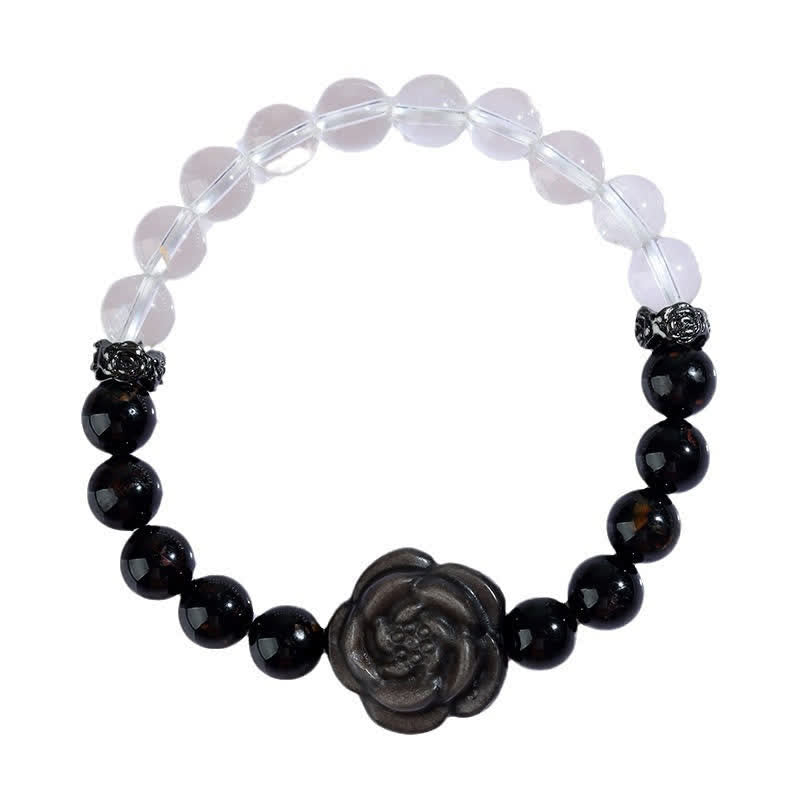 Buddha Stones Bracelet de concentration en tourmaline noire et quartz clair, orné d'une rose sculptée (motif floral), - image 9
