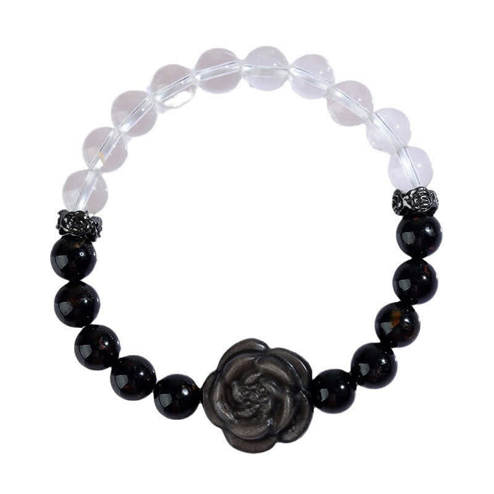 Buddha Stones Bracelet de concentration en tourmaline noire et quartz clair, orné d'une rose sculptée (motif floral), - image 9