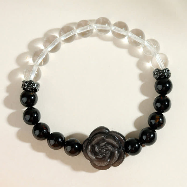 Buddha Stones Bracelet de concentration en tourmaline noire et quartz clair, orné d'une rose sculptée (motif floral), - image 7