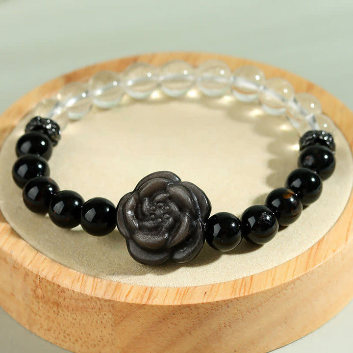 Buddha Stones Bracelet de concentration en tourmaline noire et quartz clair, orné d'une rose sculptée (motif floral), - image 8