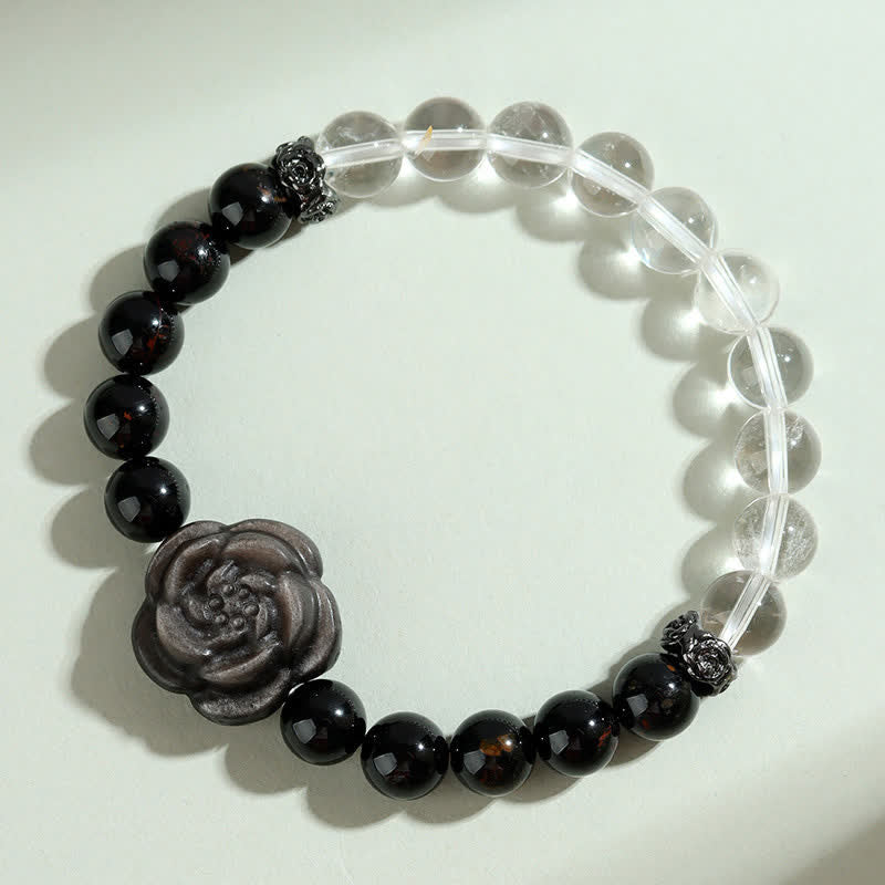 Buddha Stones Bracelet de concentration en tourmaline noire et quartz clair, orné d'une rose sculptée (motif floral), - image 2