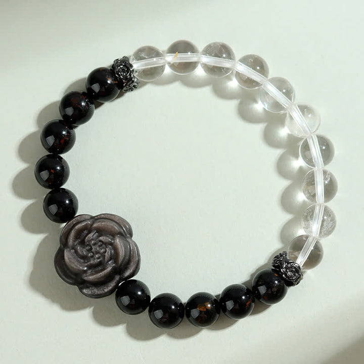 Buddha Stones Bracelet de concentration en tourmaline noire et quartz clair, orné d'une rose sculptée (motif floral), - image 2