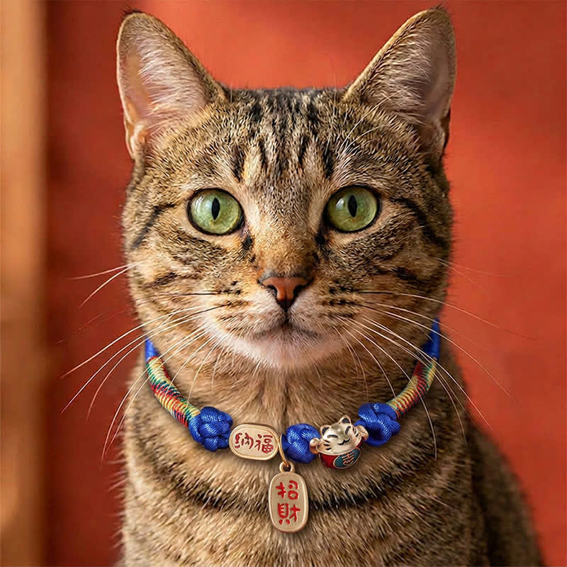 Buddha Stones Collier de protection ajustable pour chat, orné d'un fil rouge tressé et du symbole Fu porte-bonheur. - Bleu - 18-25 cm - image 8