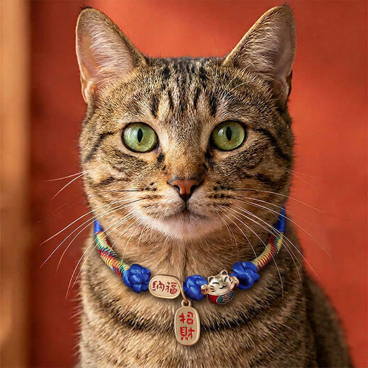 Buddha Stones Collier de protection ajustable pour chat, orné d'un fil rouge tressé et du symbole Fu porte-bonheur. - Bleu - 18-25 cm - image 8