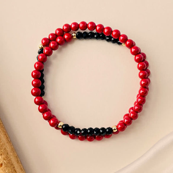 Buddha Stones Bracelet de bénédiction en tourmaline noire cinabre double tour de 4 mm - Cinabre (Tour de poignet 15–16 cm) - image 0