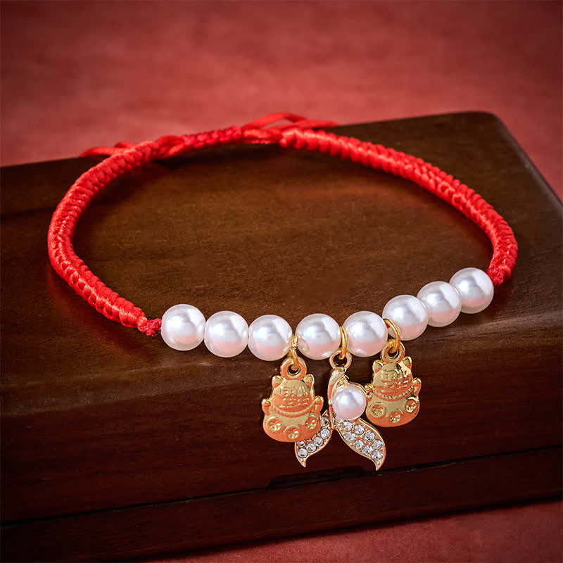 Buddha Stones Collier de protection ajustable pour chat avec queue de poisson tressée en perles rouges et fil rouge. - image 2
