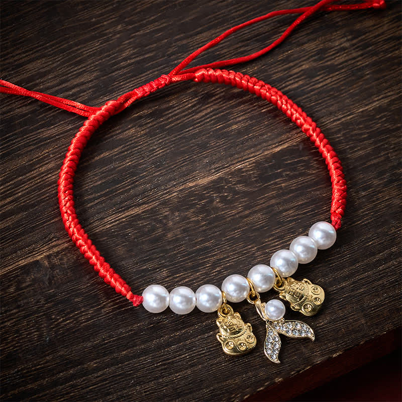 Buddha Stones Collier de protection ajustable pour chat avec queue de poisson tressée en perles rouges et fil rouge. - image 1