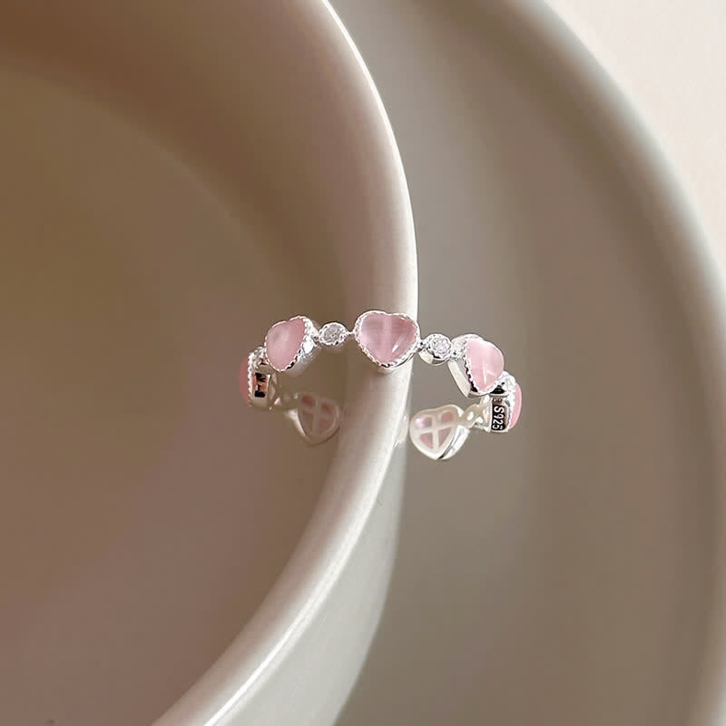 Buddha Stones Bague d'amour ajustable en argent sterling 925, motif cœur œil-de-chat rose - Œil de chat (Paix ♥ Soutien) - 17 mm (réglable) - image 1