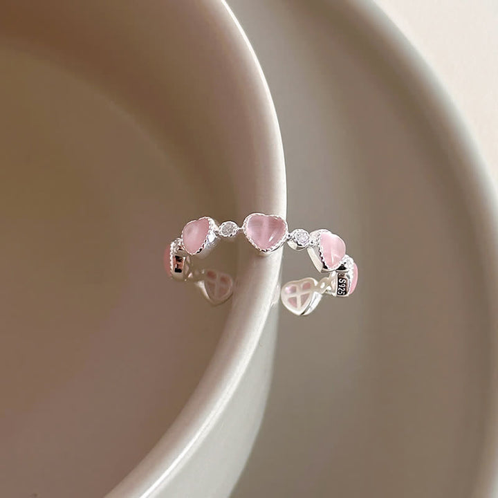 Buddha Stones Bague d'amour ajustable en argent sterling 925, motif cœur œil-de-chat rose - Œil de chat (Paix ♥ Soutien) - 17 mm (réglable) - image 1