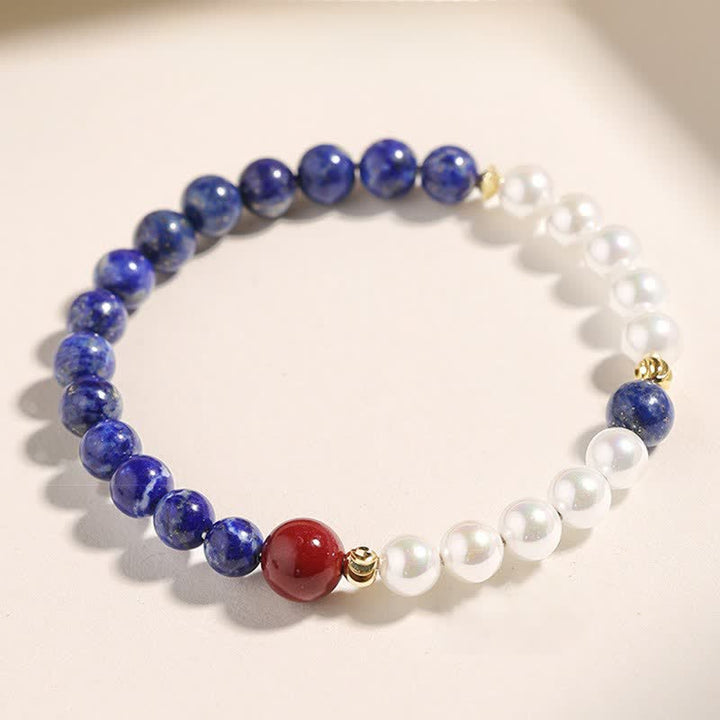 Buddha Stones Bracelet de perles positives en lapis-lazuli, lazurite, perle et cinabre - image 0