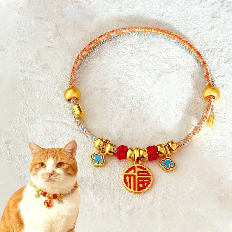 Buddha Stones Collier de protection ajustable pour chats et chiens, orné de perles colorées tressées et d'un personnage Fu - image 2
