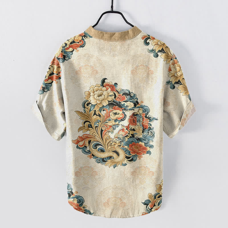 Buddha Stones Chemise à manches courtes pour homme en coton à motif pivoine orientale et phénix, demi-boutonnée - image 1