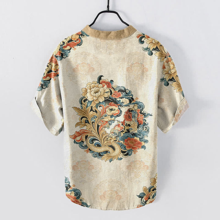 Buddha Stones Chemise à manches courtes pour homme en coton à motif pivoine orientale et phénix, demi-boutonnée - image 1