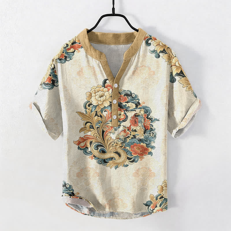 Buddha Stones Chemise à manches courtes pour homme en coton à motif pivoine orientale et phénix, demi-boutonnée - Beige - US/UK/AU50，EU60 (5XL) - image 0