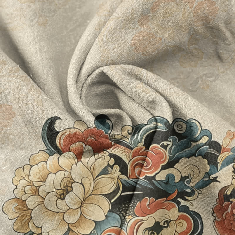 Buddha Stones Chemise à manches courtes pour homme en coton à motif pivoine orientale et phénix, demi-boutonnée - image 2