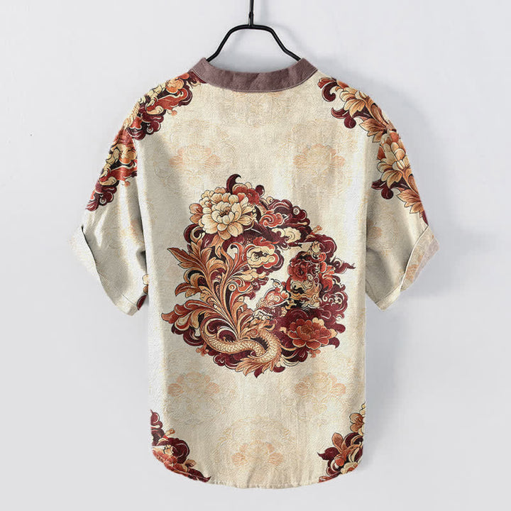 Buddha Stones Chemise à manches courtes pour homme en coton à motif pivoine orientale et phénix, demi-boutonnée - image 4