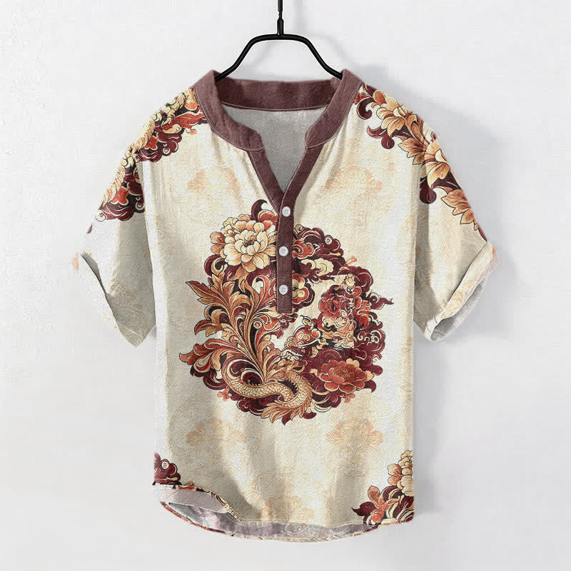 Buddha Stones Chemise à manches courtes pour homme en coton à motif pivoine orientale et phénix, demi-boutonnée - Brun - US/UK/AU50，EU60 (5XL) - image 3