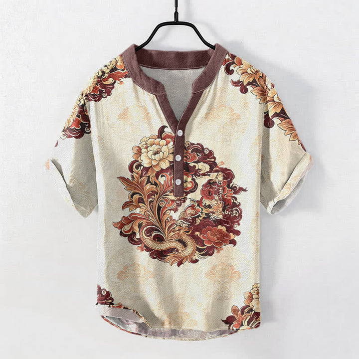 Buddha Stones Chemise à manches courtes pour homme en coton à motif pivoine orientale et phénix, demi-boutonnée - Brun - US/UK/AU50，EU60 (5XL) - image 3