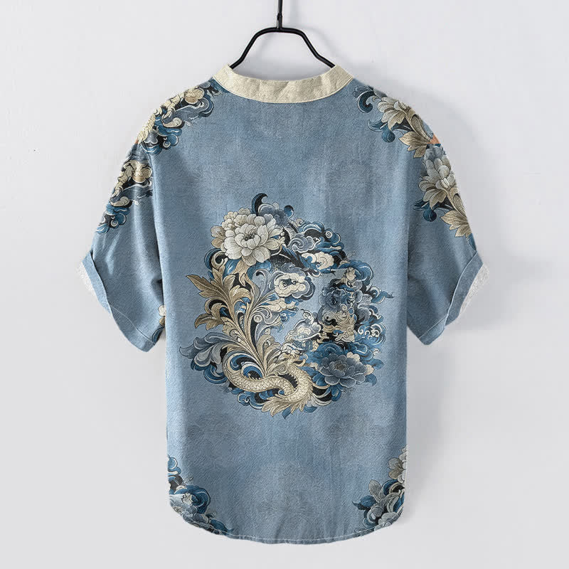 Buddha Stones Chemise à manches courtes pour homme en coton à motif pivoine orientale et phénix, demi-boutonnée - image 6