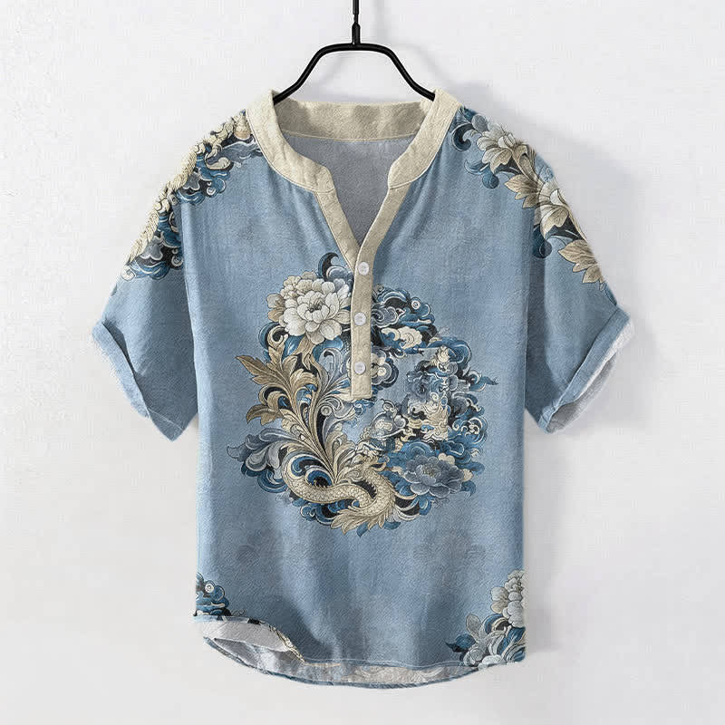 Buddha Stones Chemise à manches courtes pour homme en coton à motif pivoine orientale et phénix, demi-boutonnée - Bleu clair - US/UK/AU50，EU60 (5XL) - image 5