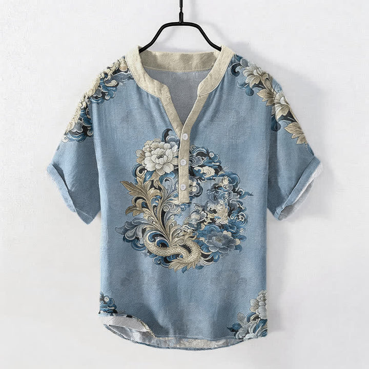 Buddha Stones Chemise à manches courtes pour homme en coton à motif pivoine orientale et phénix, demi-boutonnée - Bleu clair - US/UK/AU50，EU60 (5XL) - image 5