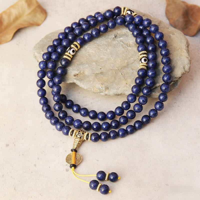 Buddha Stones Mala de 108 perles en lazurite, lapis-lazuli, à trois yeux, ornée d'une perle Dzi positive - Lapis-lazuli (Tour de poignet 16-18 cm) - image 0