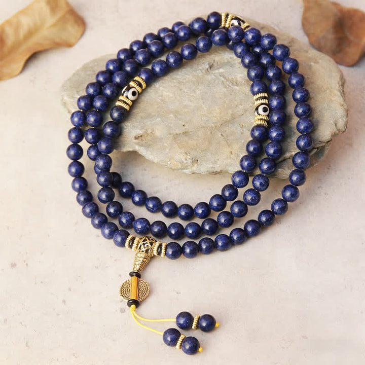Buddha Stones Mala de 108 perles en lazurite, lapis-lazuli, à trois yeux, ornée d'une perle Dzi positive - Lapis-lazuli (Tour de poignet 16-18 cm) - image 0