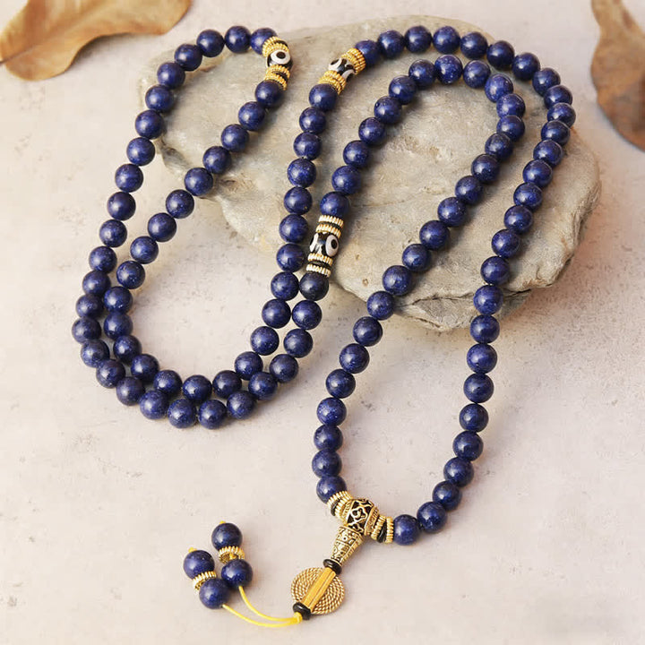 Buddha Stones Mala de 108 perles en lazurite, lapis-lazuli, à trois yeux, ornée d'une perle Dzi positive - image 1