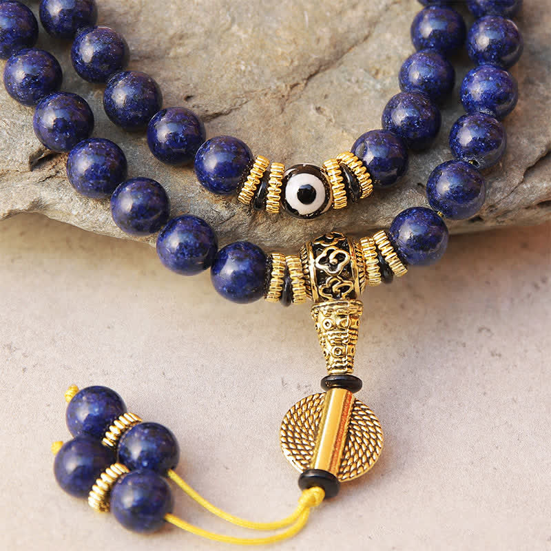 Buddha Stones Mala de 108 perles en lazurite, lapis-lazuli, à trois yeux, ornée d'une perle Dzi positive - image 3