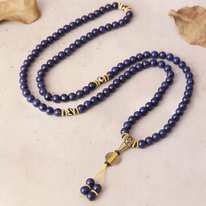 Buddha Stones Mala de 108 perles en lazurite, lapis-lazuli, à trois yeux, ornée d'une perle Dzi positive - image 2