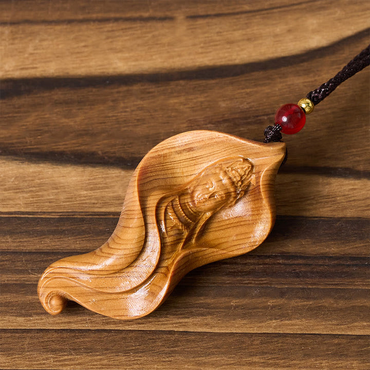 Buddha Stones Guanyin Kwan Yin Avalokiteśvara Feuille de Lotus Platycladus Orientalis Collier Pendentif de richesse en bois - image 2